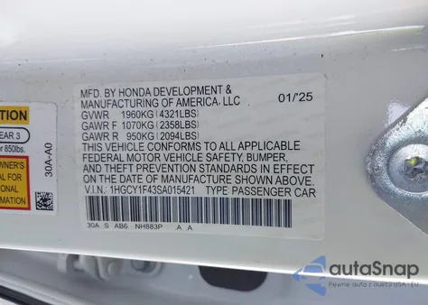 2025 Honda Accord Se from USA, damaged, VIN 1HGCY1F43SA015421